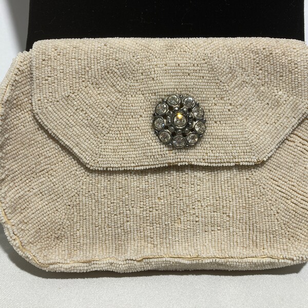 Ivory Micro-Beaded French Clutch with Rhinestone Clasp