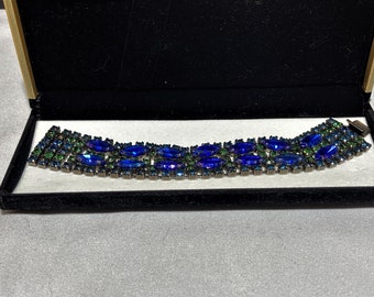 Signed Kramer NY Brilliant AB Capri Blue Faceted Girdle Marquise Stones & Fern Green Gunmetal Bracelet