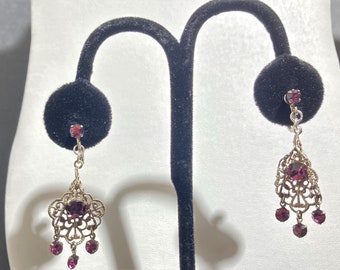 Alice Caviness Marked Made in Austria Silver Filigree and Purple Rhinestone Earrings