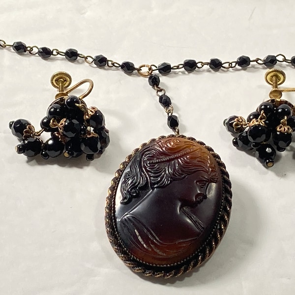 Florenza ? Faux Cameo Pin /Pendant On Black Beaded Chain & W. Germany Earrings