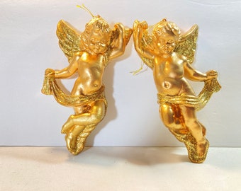 Two Big Gold Plastic Flying Cherubs