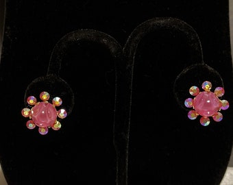 Pink Molded Glass Cabachon & A.B. Rhinestone Clip on Earrings