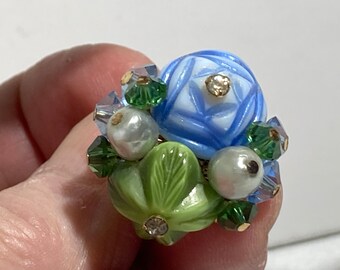 Vintage Vendome Blue & Green Molded Glass Clip On Earrings