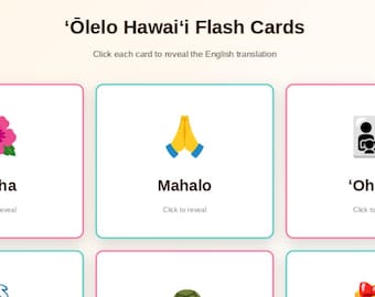 100 Digital Hawaiian Language Olelo to English translation Flash Cards with emoji pics