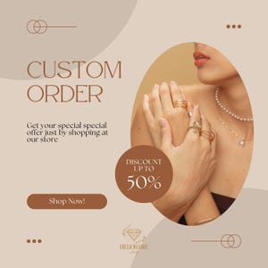May include: A promotional image for Billionaire Jewelry featuring gold rings and a pearl necklace. The text reads "CUSTOM ORDER" and "DISCOUNT UP TO 50%", with a call to action "Shop Now!"