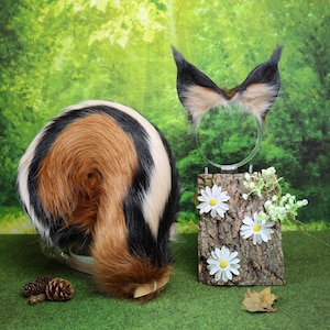 Conjunto de orejas y cola de ardilla tricolor, disfraz de cosplay de ardilla de piel sintética kawaii para niños, juguete de rol del bosque