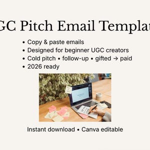 Könnte beinhalten: Das Bild zeigt einen Laptop mit einem Dokument, umgeben von Haftnotizen und einer Kaffeetasse. Der Text oben lautet "UGC Pitch Email Templates". Zu den Funktionen gehören Copy-and-Paste-E-Mails und Canva-Bearbeitung. Entwickelt für UGC-Anfänger.