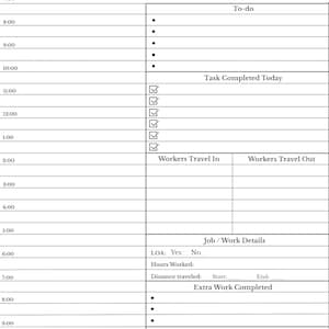 May include: A white and grey daily planner with sections for tasks, time slots, and weather details. Includes checkboxes for completed tasks and space for notes. The planner has a simple, organised layout.