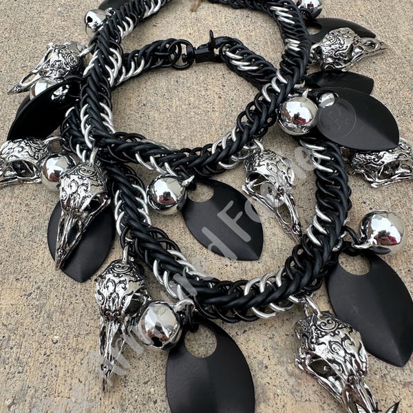 Etched Metal Raven Skulls  + Boot Chains + Black and Silver Rings, Scales, Bells