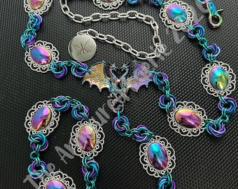 Iridescent Dragon with Hematite Cabochons Handwoven Chain Maille Girdle