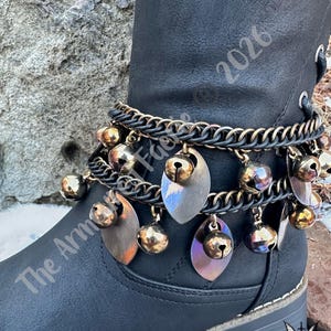 Torched Steel Boot Chains: Handwoven Stainless Steel Bells,  Scales, and Rings (Sold in pairs)