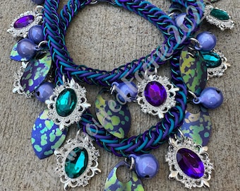 Purple and Teal Jewel Tones —Handwoven Boot Chains with Titanium Scales (Sold in pairs)