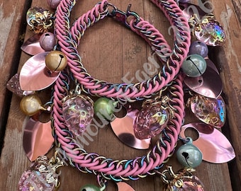 Iridescent Strawberries with Rainbow Titanium Rings: Handwoven Boot Chains (Sold in pairs)