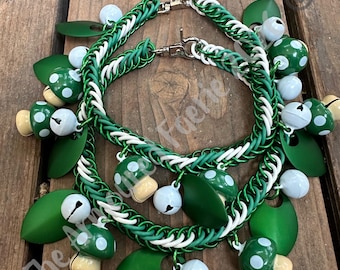 Mushroom Bells: Green and White  Handwoven Boot Chains (Sold in pairs)