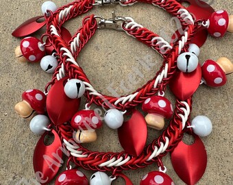 Mushroom Bells: Red and White  Handwoven Boot Chains (Sold in pairs)