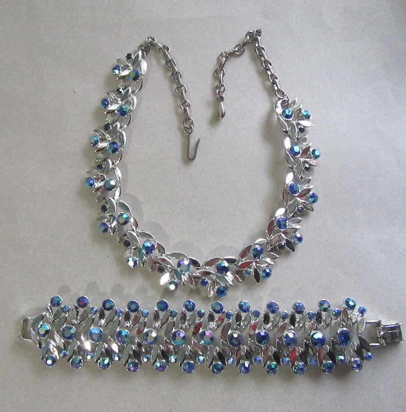 1950/'s Blue Rhinestone Choker Necklace Bracelet Set Smaller Wrist 6 12 Mid Century Vintage Costume Jewelry MoonlightMartini