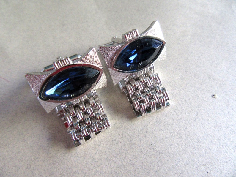 Vintage Cufflinks Wrap Around 1970/'s Dante Sapphire Blue Rhinestone Cuff Links Mens Jewelry Shirt Accessories MoonlightMartini