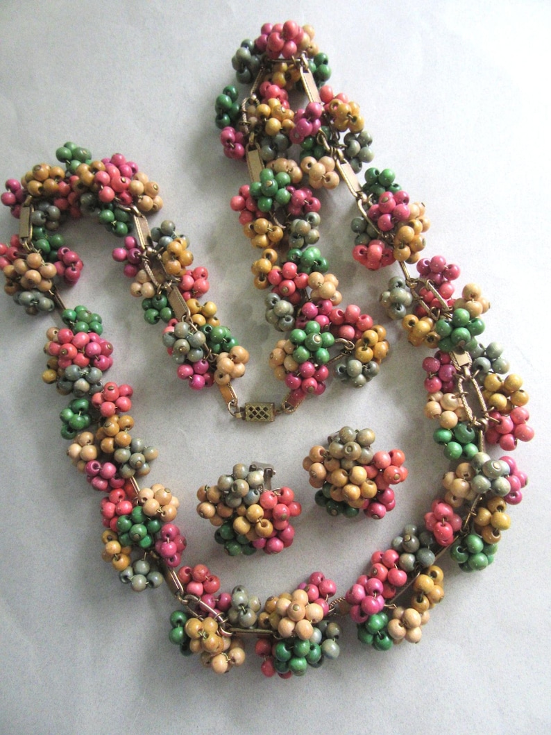 Unsigned 1940/'s Miriam Haskell Frank Hess Wood Multi Color Book Chain Necklace Earrings Set Vintage Costume Jewelry MoonlightMartini
