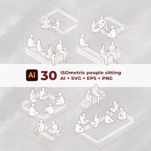 May include: Isometric illustration featuring multiple groups of people in various sitting positions. The image includes line drawings of people sitting on benches, on the ground, and in pairs. Text in the image reads "Isometric people sitting" and file types "AI + SVG + EPS + PNG".