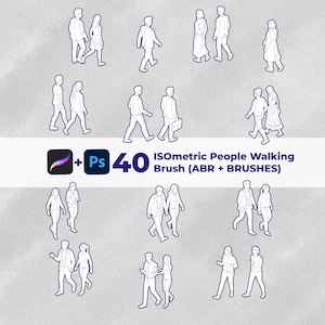 Puede incluir: Un gráfico de arte digital con 40 pinceles isométricos de personas caminando. La imagen incluye dibujos lineales de personas en varias poses, caminando solas o en parejas. El texto dice "40 Isometric People Walking Brush (ABR + BRUSHES)".