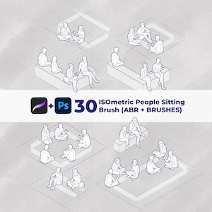 May include: Isometric illustration of people sitting in various poses. The image includes multiple groupings of people, some sitting on benches and others on the ground. Text in the image reads "30 Isometric People Sitting Brush (ABR + BRUSHES)".