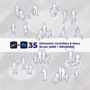 May include: A digital art graphic featuring 35 isometric activity illustrations. The illustrations depict people engaged in various activities, including walking, running, playing with a dog, and playing musical instruments. The image also includes the text "Isometric Activities & More Brush (ABR + BRUSHES)".