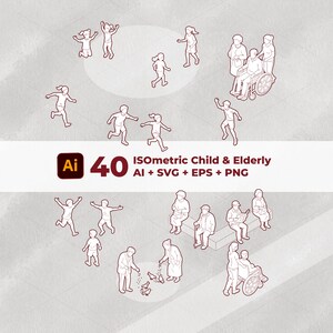 May include: Isometric illustration featuring children and elderly figures in various activities. The image includes children running and playing, people in wheelchairs, and elderly individuals sitting and interacting. Text on the image reads "40 Isometric Child & Elderly".