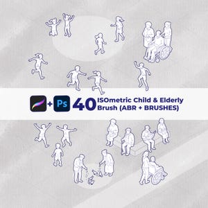 May include: Isometric illustrations of children and elderly people in various activities. The image includes icons for Adobe Photoshop and Procreate, along with the text "40 Isometric Child & Elderly Brush (ABR + BRUSHES)".