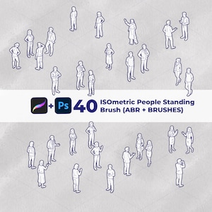 Pode incluir: Ilustração de 40 pessoas isométricas em pé, desenhadas em estilo de arte linear minimalista. A imagem inclui o texto "40 Isometric People Standing Brush (ABR + BRUSHES)" e os logotipos do Adobe Photoshop e Illustrator.