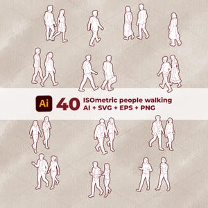 Puede incluir: Ilustraciones isométricas de personas caminando en varias poses. La imagen incluye 40 figuras en un estilo minimalista, con un fondo neutro y el texto "40 Isometric people walking AI + SVG + EPS + PNG".