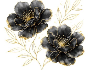 20 Black Watercolor Flower Clipart | Dark Floral Clip Art PNG | Instant Download