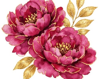 20 Watercolour Flower Clipart, Dark Pink and Gold, Digital Download, PNG