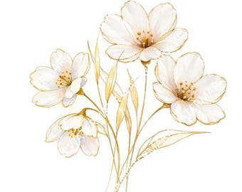 20 White and Gold Watercolour Flowers Clipart. PNG, Digital download