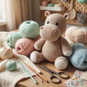 Op de afbeelding: Een gehaakt nijlpaard speelgoed zit tussen garenballen in pastelkleuren, haaknaalden en een schaar. Een kopje thee en een bloemenstof dragen bij aan het ambachtelijke thema. De scène speelt zich af op een houten tafel bij een raam.