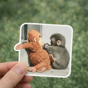 May include: A square sticker featuring a watercolor illustration of two monkeys. One is a plush orangutan, and the other is a gray monkey grooming the orangutan. The sticker has a white border and is held against a blurred green background.