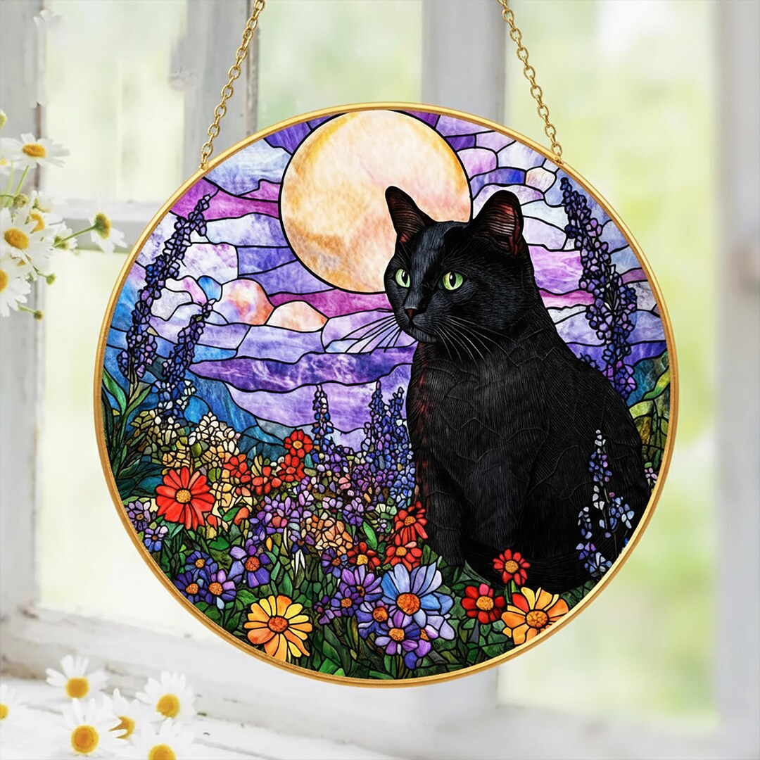 Black Cat Stained Glass Suncatcher – Moonlight Garden Window Hanging ...