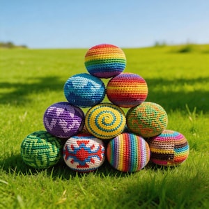 Puede incluir: Una pirámide de diez bolas de ganchillo coloridas, cada una con patrones y combinaciones de colores únicos. Las bolas están dispuestas sobre un lecho de hierba verde bajo un cielo azul claro, mostrando una variedad de diseños de arcoíris y geométricos.