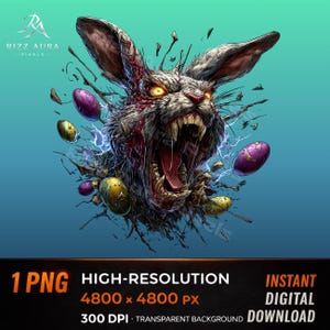 May include: Digital artwork featuring a ferocious rabbit with glowing eyes and an open mouth, alongside shattered pieces and Easter eggs. The image includes the text "1 PNG HIGH-RESOLUTION 4800 x 4800 PX 300 DPI TRANSPARENT BACKGROUND INSTANT DIGITAL DOWNLOAD."