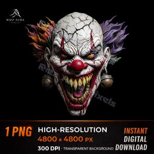 May include: A digital illustration of a scary clown face with a cracked white head, red nose, and yellow teeth. The clown has red accents around the eyes and mouth, with purple and orange hair. The image includes text that says "1 PNG HIGH-RESOLUTION 4800 x 4800 PX 300 DPI - TRANSPARENT BACKGROUND INSTANT DIGITAL DOWNLOAD."