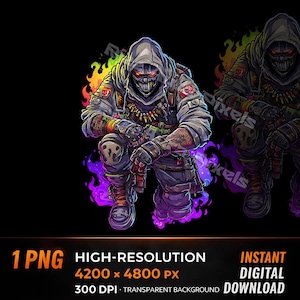 May include: Digital illustration of a kneeling figure in tactical gear, wearing a hooded mask and holding a weapon. The figure is surrounded by colorful flames. The image includes the text "1 PNG HIGH-RESOLUTION 4200 x 4800 PX 300 DPI TRANSPARENT BACKGROUND INSTANT DIGITAL DOWNLOAD".