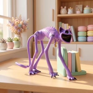 Puede incluir: Una caprichosa figura morada con forma de gato, con extremidades alargadas y una amplia sonrisa. La figura tiene una larga cola y se apoya en cuatro patas con garras. Está colocada cerca de un sujetalibros verde que sostiene tres libros. La estética general es juguetona y única.