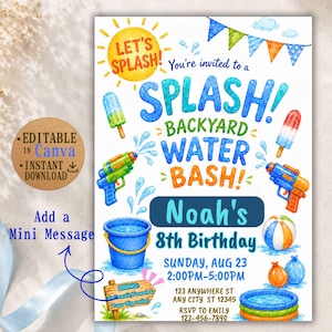 Könnte beinhalten: Eine Einladungskarte mit einer gelben Sonne, bunten Wimpeln, Eis am Stiel, Wasserpistolen, einem blauen Eimer, einem Strandball und einem Planschbecken. Der Text lautet: LET'S SPLASH! SPLASH! BACKYARD WATER BASH! Noah's 8th Birthday, SONNTAG, 23. AUG.