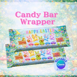Envoltorio editable para barras de chocolate de Pascua, recuerdo de chocolate con conejito, imprimible en Canva