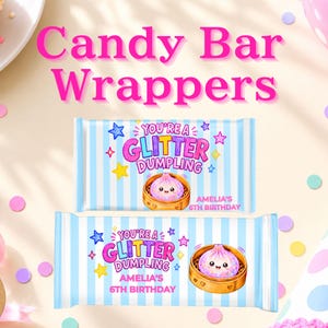 Glitter Dumpling Candy Bar Wrappers, Squishy Dumpling Party Favor, Canva Editable