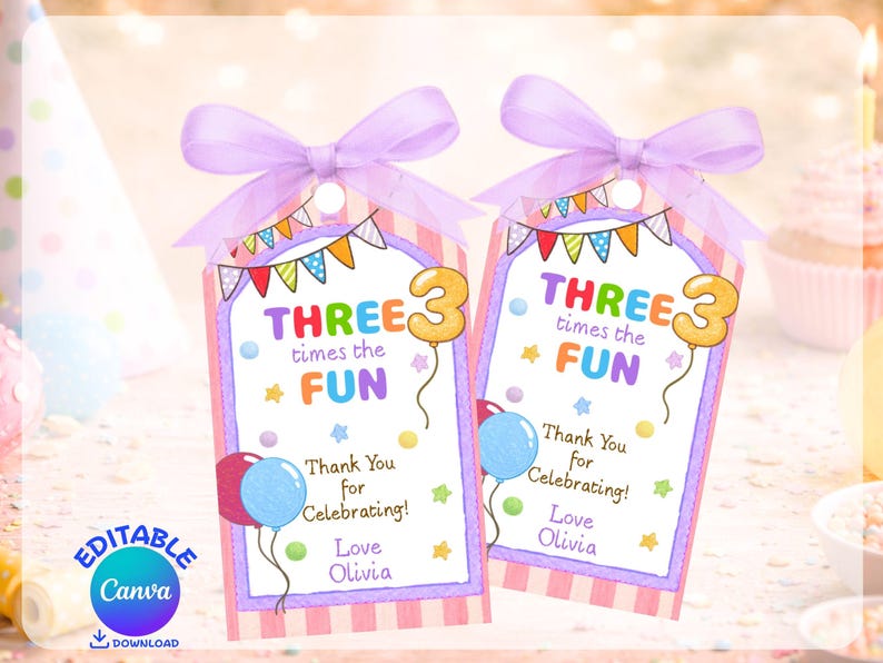 Three Times the Fun Thank You Tag, 3rd Birthday Girl Favor Label ...