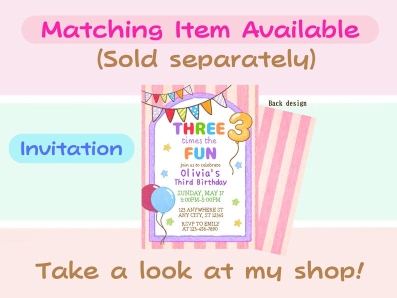 Three Times the Fun Thank You Tag, 3rd Birthday Girl Favor Label ...