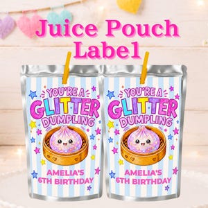 Glitter Dumpling Juice Pouch Label, Squishy Dumpling Birthday Party Favor, Editable Canva