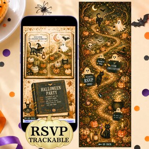 Puede incluir: Una invitación digital para una fiesta de Halloween en la pantalla de un teléfono, con la ilustración de un libro antiguo con un gato negro, un fantasma y calabazas. La pantalla muestra los detalles del evento y un panel con fantasmas.