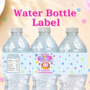 May include: Three clear plastic water bottles with light blue striped labels featuring colourful stars, a cartoon dumpling in a bamboo steamer, and text reading You're a Glitter Dumpling, Amelia's 6th Birthday, and a Fun Nutrition Facts table.