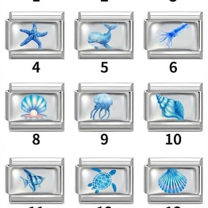 Blue Watercolor Sea Life Italian Charm | Dolphin Turtle Shell Modular Links Custom Enamel Stainless Steel